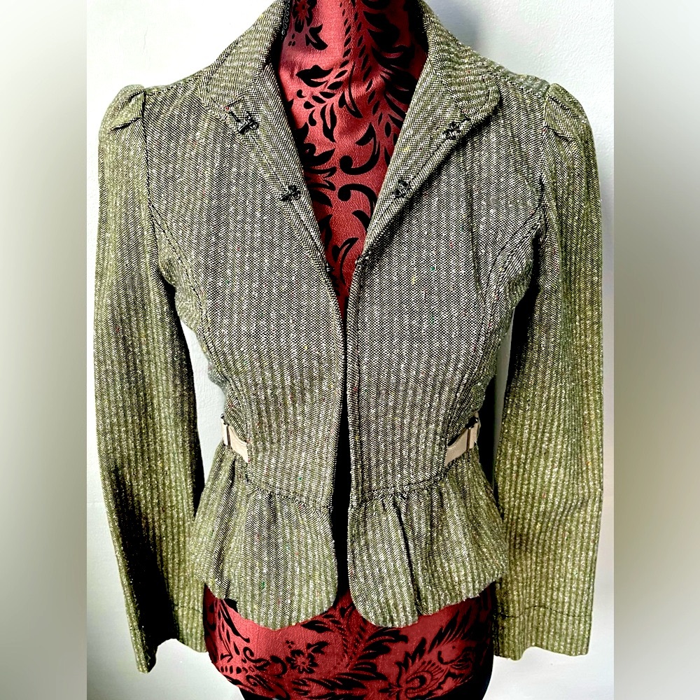 SOLD!!! ANTHROPOLOGIE/LUX Striped Tweed Olive Green Peplum Crop Blazer Small